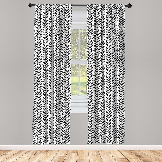 Ambesonne Black and White Window Curtains, Modern Grunge Botany Motif Monochrome Brush Paint Style Strokes, Lightweight Decor 2-Panel Set with Rod Pocket, Pair of - 28" x 84", White and Black