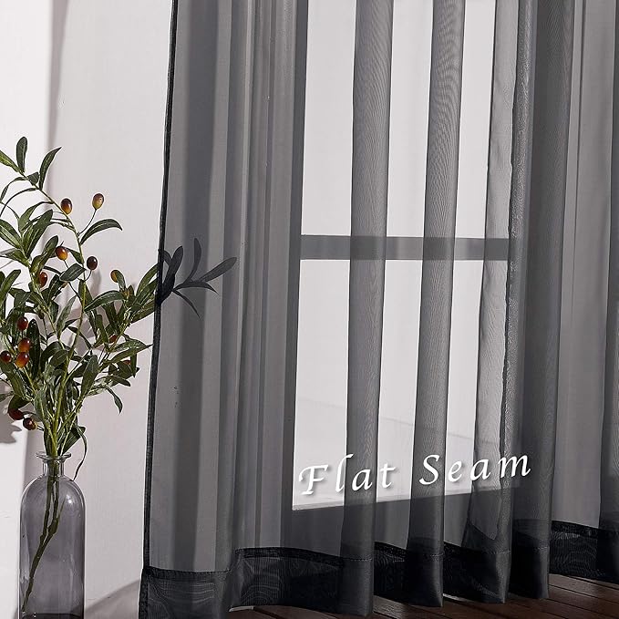 NICETOWN Sheer Curtains for Bedroom Windows, Grommet Casual Soft Voile Sheer Panels with Light Filter Window Treatments for Boy's Room/Bedroom, Black, Set of 2, W37 x L63