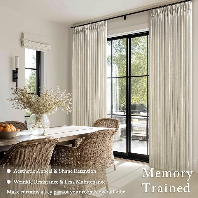 Neutral Beige Linen Pleated Light Filtering Curtains 84 Inches Long 2 Panel | - Image 2