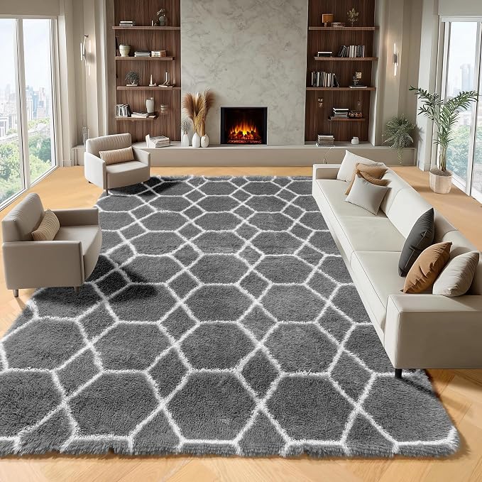 Area Rugs for Living Room, 7x10 Fluffy Grey and White Geometric Bedroom Rug | - Image 2