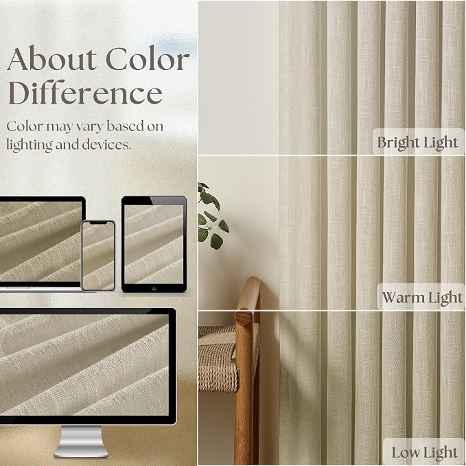 Beige Pinch Pleated Linen Curtains 112 Inches Long 2 Panels | Memory Training - Image 9