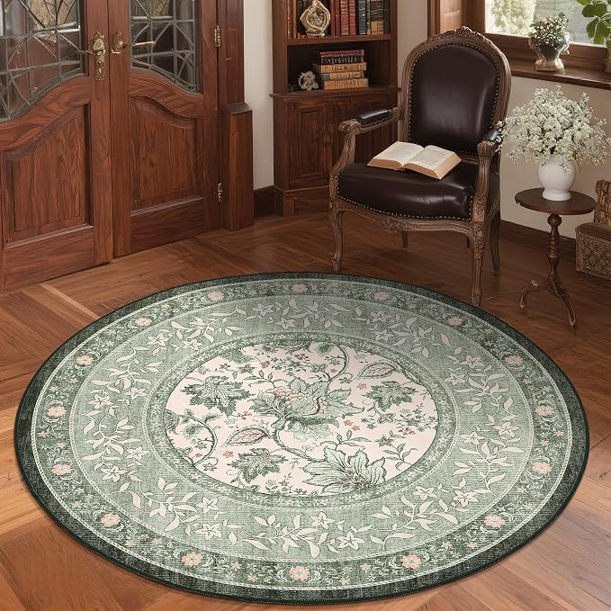 GarveeHome Sage Green Botanical Grove 4ft Round Rug, Small Circle Vintage - Image 3