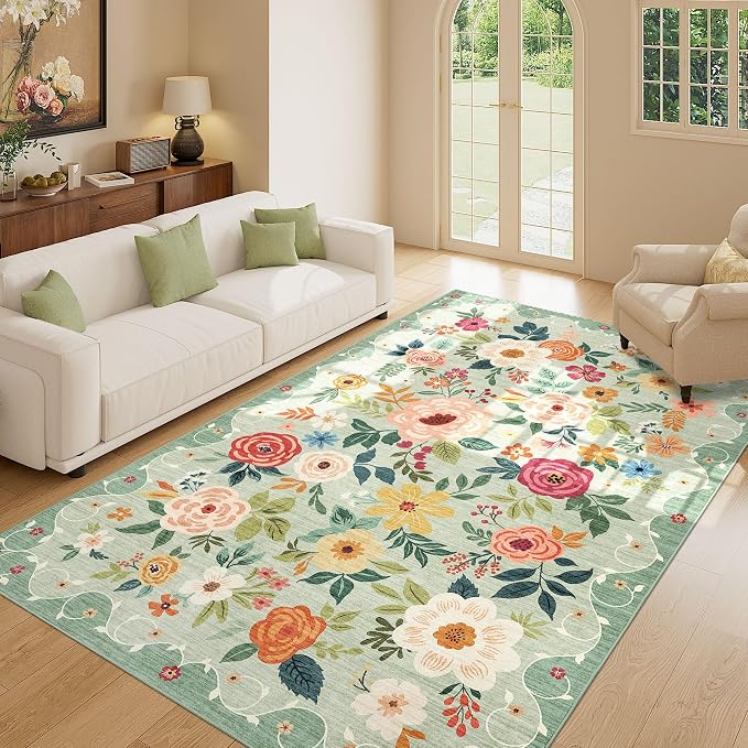 DUKINO 5x8 Area Rug for Bedroom, Floral Washable Rug Non Slip, Non-Shedding - Image 3
