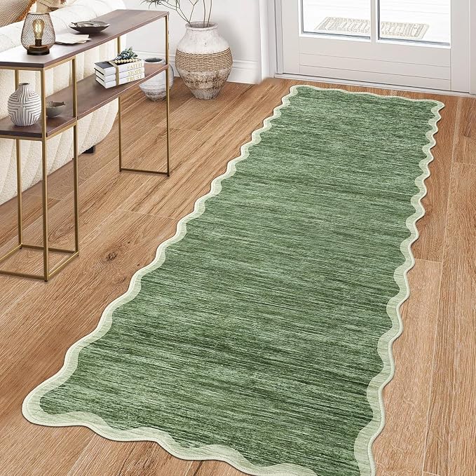 GarveeHome Scalloped Washable Runner Rug 2x6 Runner Abstract Modern Green | - Image 3