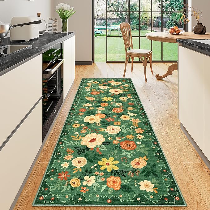 DUKINO 2x10 Runner Rug, Washable Kitchen Runner Rug Non Slip, Dark Green | Soft by DUKINO