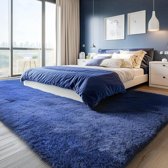 Fluffy Navy Rugs for Bedroom 4x6 Ft Soft Shaggy Blue Carpet for Living Room | - Image 3
