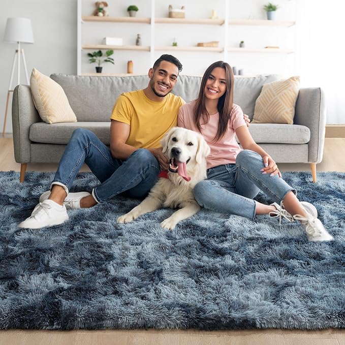6x9 Large Tie-Dyed Blue and Grey Fluffy Area Rug Non-Slip - Image 2