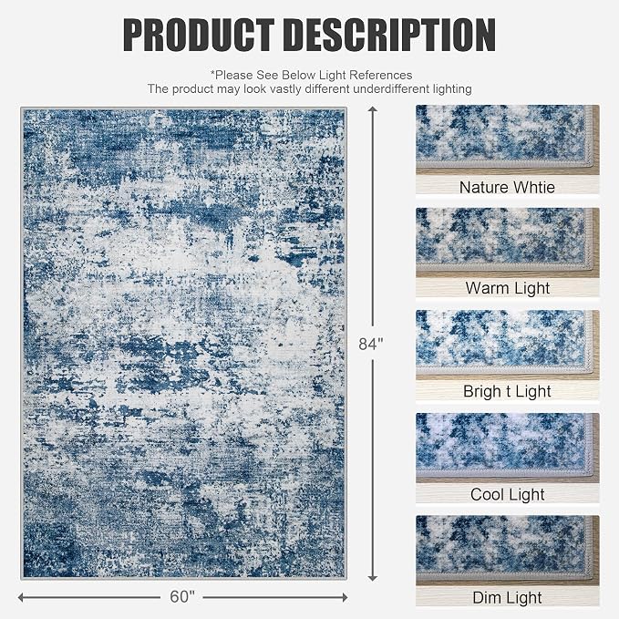 5x7 Area Rug Living Room: Modern Washable Indoor Soft Carpet Blue | - Image 2