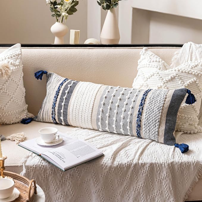 Navy Dark Blue Boho Decorative Lumbar Pillow Cover 14x36, Long Body Pillow by BlissBlush