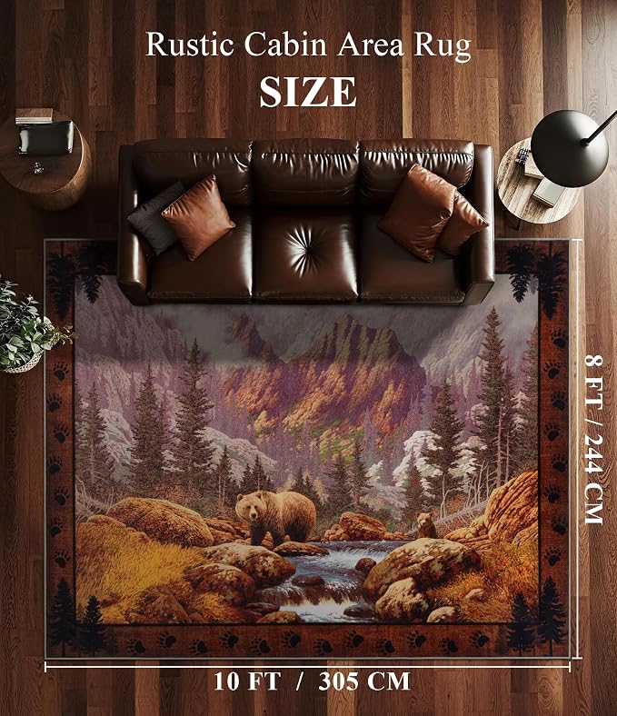 Rustic Cabin Area Rug for Bedroom 8x10, Machine Washable Woodland Bear Rug - Image 2