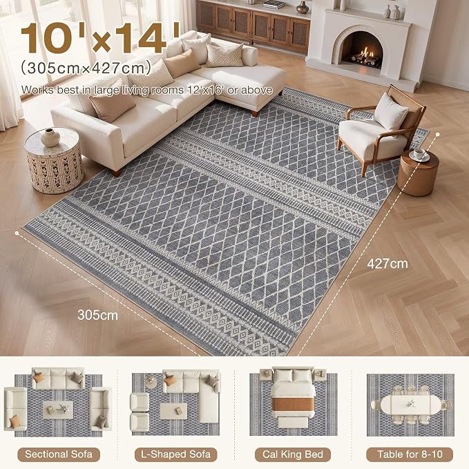 cotiled Boho 10x14 Area Rug for Living Room: Large Moroccan Washable Rug | - Image 7