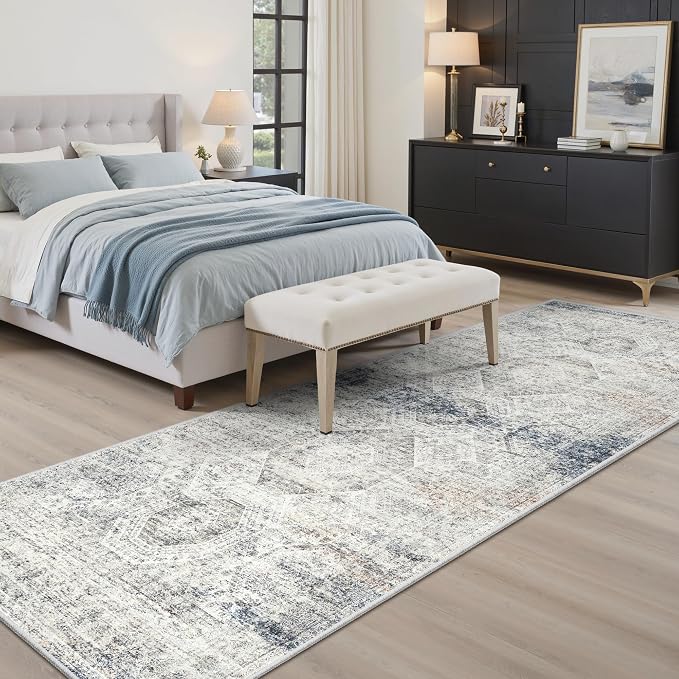 Soalmost Washable Runner Rug 2'6"x8' Kitchen Hallway Runners Blue/Ivory | Soft - Image 4