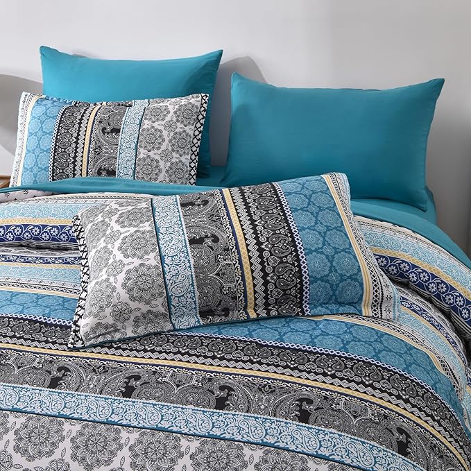 Cottolester Teal Comforter Set King Size,Boho Striped Bed in a Bag 8 Pieces,Paisley Soft Microfiber Bedding Comforter Set