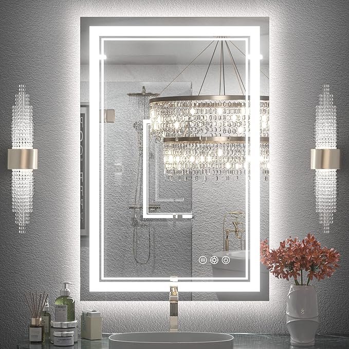 Keonjinn LED Bathroom Mirror 24" x 36" with Front and Backlight, Stepless 3 Colors Temperature & Dimmable Backlit Mirror, Double LED Strips, Anti-Fog Tempered Glass Vanity Mirror, UL Listed LED Driver