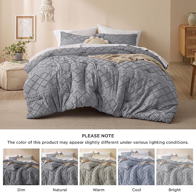 Bedsure Twin Comforter Set - Grey Comforter, Boho Tufted Shabby Chic Bedding for Kids, 2 Pieces Vintage Farmhouse Bed Set for All Seasons, Fluffy Soft Bedding with 1 Pillow Sham