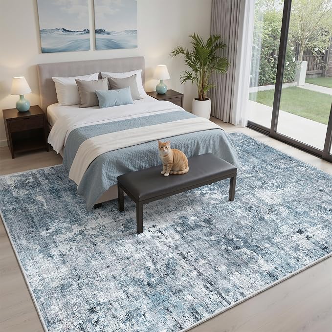 Soalmost Abstract Area Rug 6x9 for Living Room Washable Rugs Blue/Grey | - Image 3