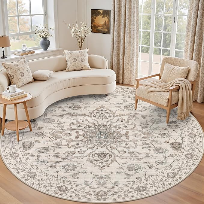 Round Area Rug for Living Room: 4ft Boho Washable Rug Brown Beige | Vintage by EXPEDIX