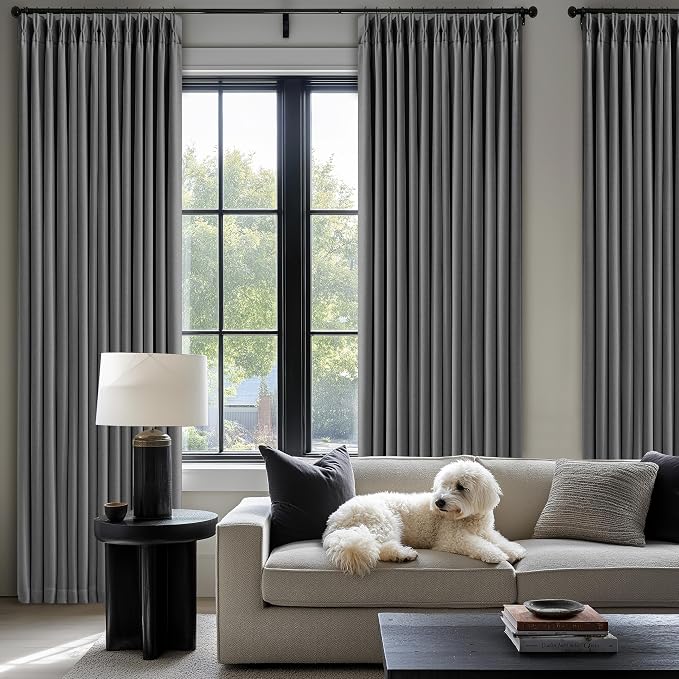 Dark Grey Pleated Thick Linen Blackout Curtains 100 Inches Long - Image 7