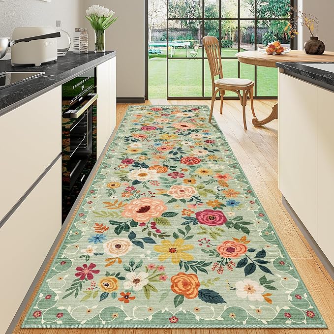 DUKINO 3x10 Runner Rug, Floral Washable Kitchen Runner Rug Non Slip, Low Pile - Image 4