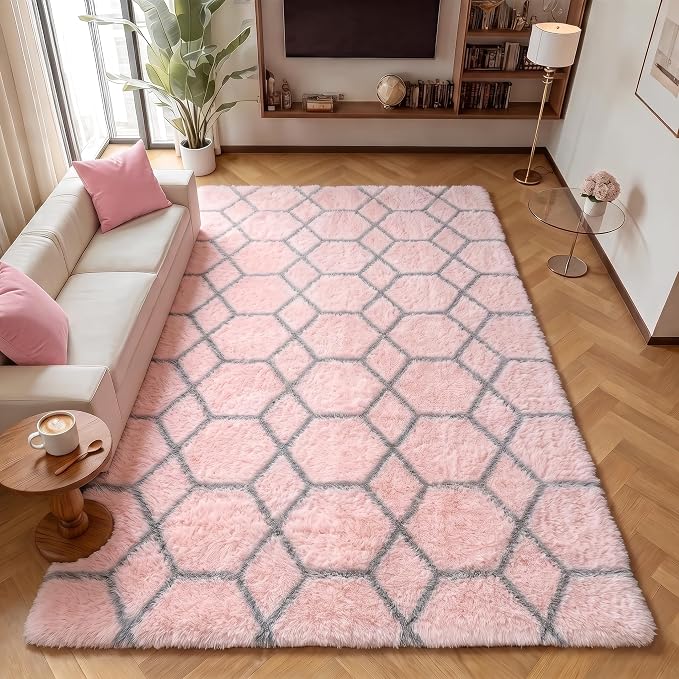 6x9 Area Rugs for Living Room Bedroom, Fluffy Pink and Grey Geometric Rug | by ONASAR