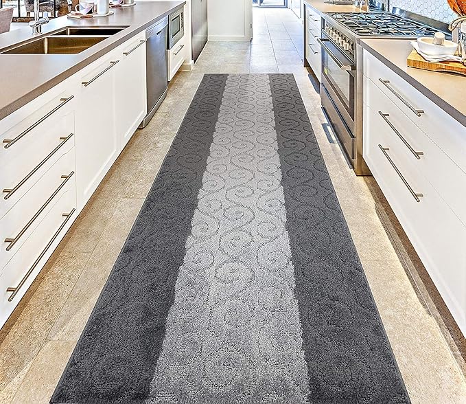 Custom Size Modern Runner Rug Carpet for Hallway Entryway Foyer Kitchen, Slip Resistant Latex Rubber Backed 31 inch Wide X Customized Length, Scroll Grey, 31 inch X 18 feet
