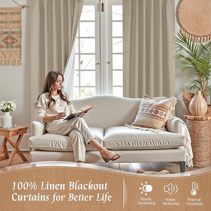 Taupe 100% Blackout Linen Curtains 63 Inches - Image 2