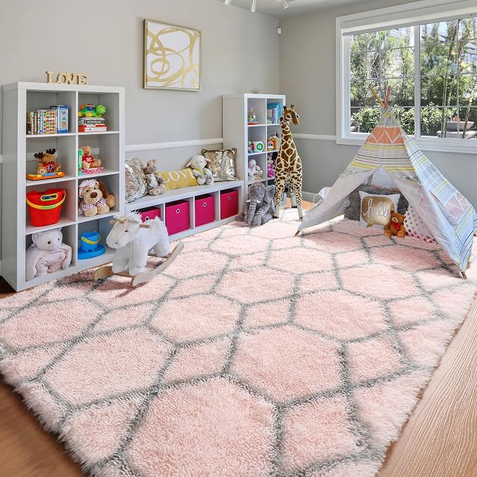 6x9 Area Rugs for Living Room Bedroom, Fluffy Pink and Grey Geometric Rug | - Image 9