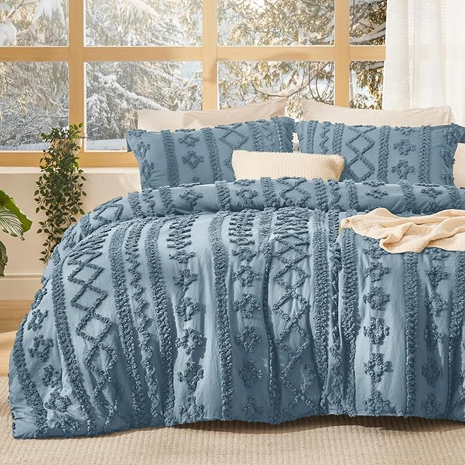 Bedsure Tufted Boho Comforter Set Queen Size - Grayish Blue Boho Bed Set, GentleSoft™ 3 Pieces Farmhouse Shabby Chic Embroidery Bedding, Gifts for Woman, Soft Jacquard Queen Comforter for All Seasons