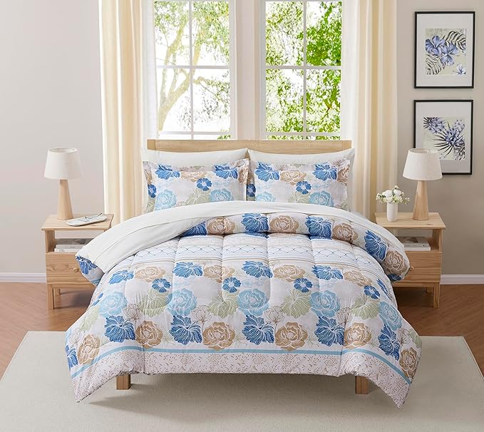 Floral Comforter Set Full Size with Sheets Bed in a Bag – Deep Pocket Fitted Sheet with Elastic Corners, Cozy Comforter, Pillowcases & Shams – Soft Microfiber All Season Bedding – Machine Washable