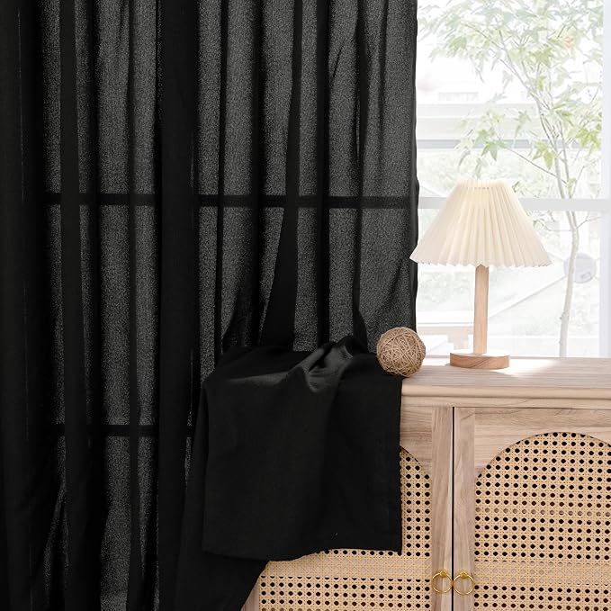 YoungsTex Short Black Linen Semi Sheer Curtains 45 Inch Length 2 Panels | Light - Image 6