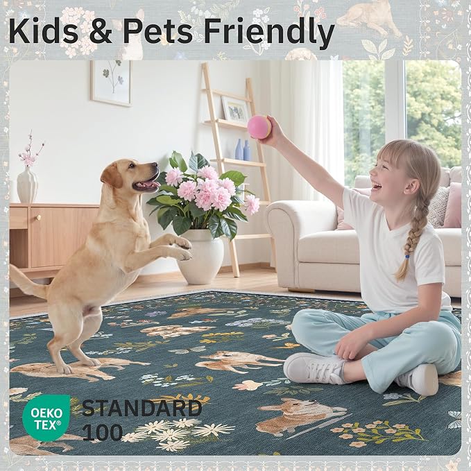Soalmost Dog 5x7 Area Rugs for Living Room, Washable Soft Rug Navy Blue | - Image 5