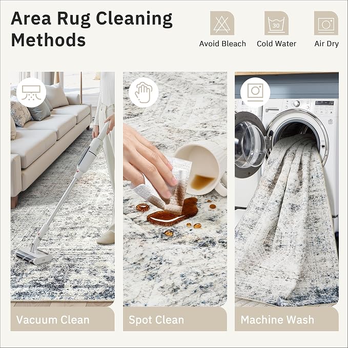 Soalmost 5x7 Area Rugs Blue/Ivory Low Pile Washable Trendy Faded Style Rug | - Image 9