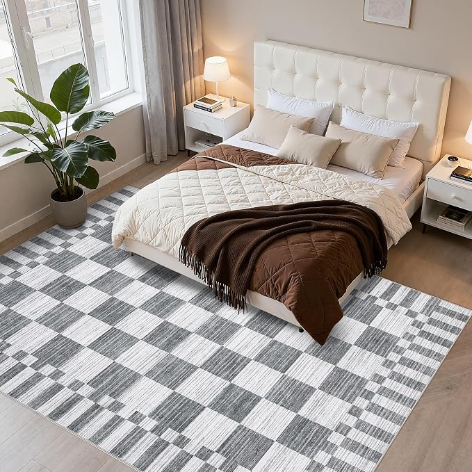 GarveeHome 8x10 Area Rugs Geometric Washable Modern Grey Checkered Rug | - Image 10
