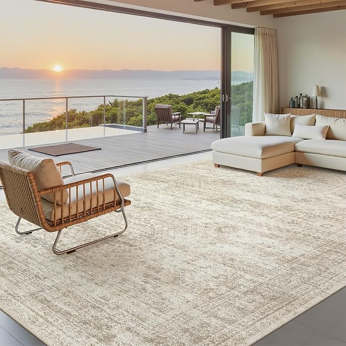 Soalmost 7x10 Area Rug for Living Room Washable Rugs Non-Slip Beige | Low-Pile - Image 2