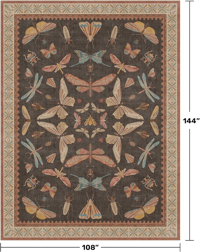 Brown 9x12 Living Room Area Rug, Washable Whimsical Insect Carpet - Image 2