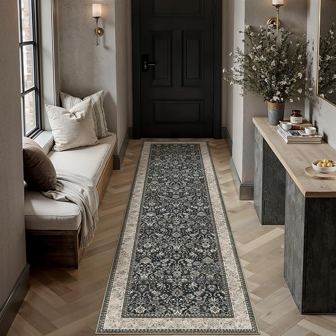 2x6 Black Beige Vintage Floral Washable Runner Rug by HUGEAR