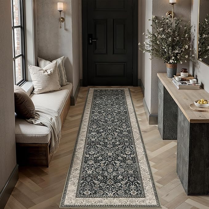 2x8 Black Beige Vintage Floral Washable Runner Rug by HUGEAR
