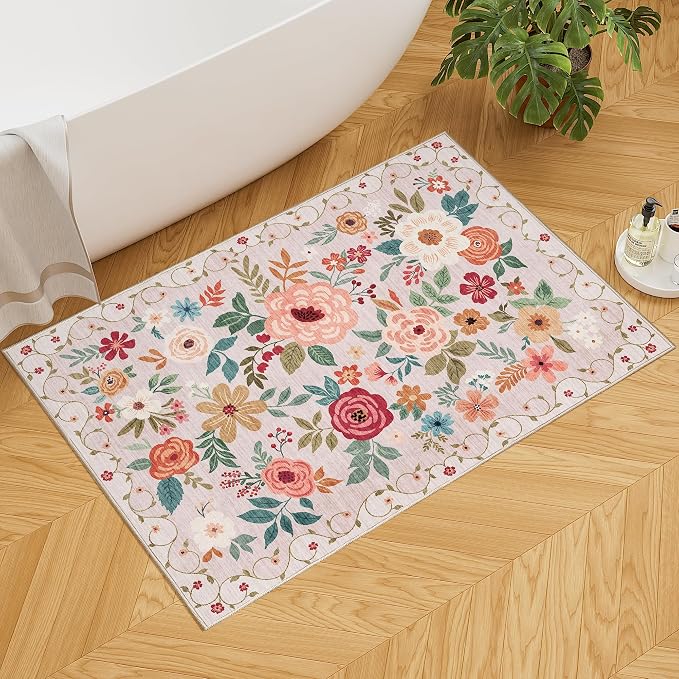 DUKINO 2x3 Entryway Rug, Floral Door Mat Soft Washable Rug Non Slip, - Image 4