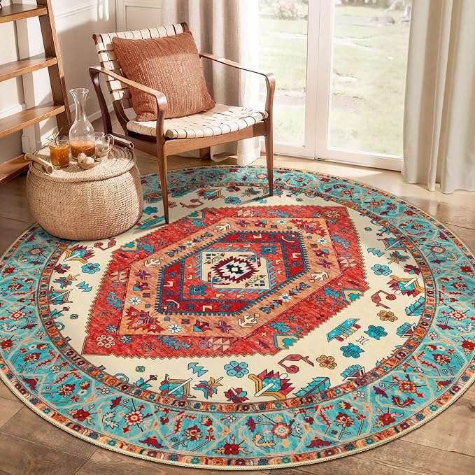 SERISSA 4ft Washable Non Slip Round Boho Area Rug by SERISSAHomeDecorCollection