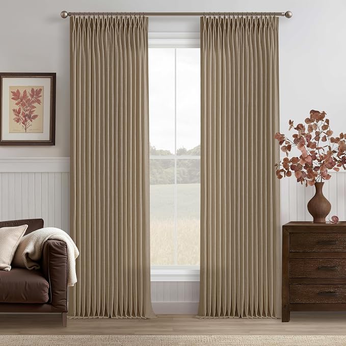 Latte Tan Pleated Linen Semi Sheer Ceiling to Floor Curtains 120 Inch Long | by Twodrapes