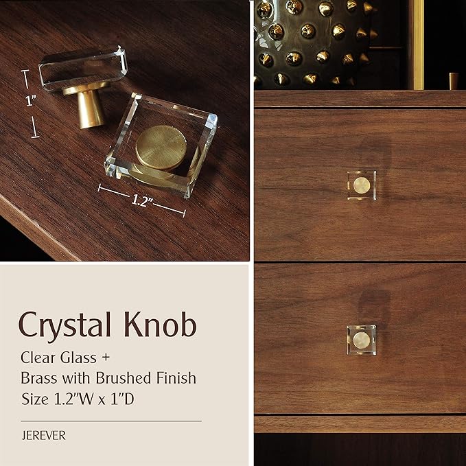 JEREVER 2 Pack Glass Crystal Knobs Brass Drawer Pull Cabinet Handle Gold Furniture Hardware for Dresser Kitchen (Square)
