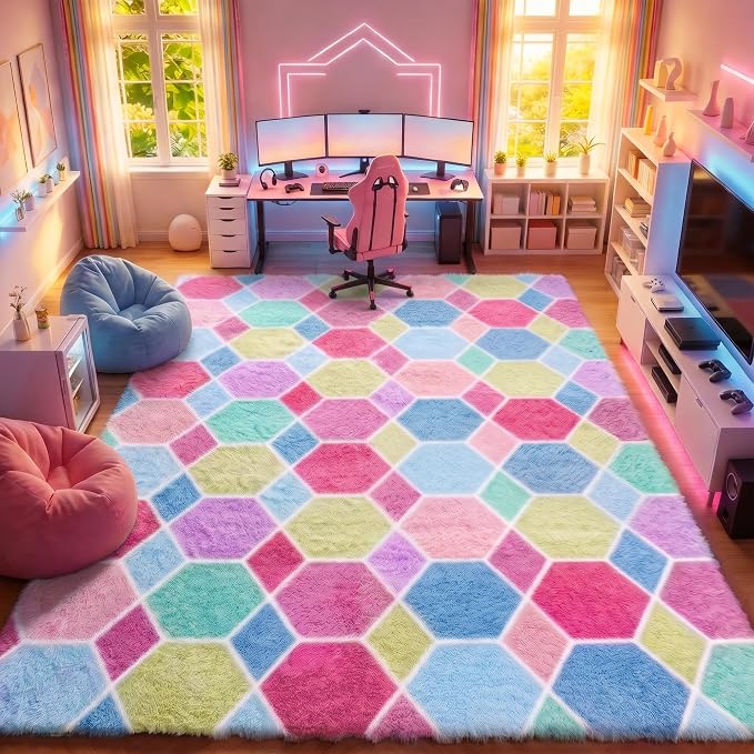 Checkered 8x10 Area Rugs for Living Room, Fluffy Pink Rainbow Girls Rug | Soft by ONASAR