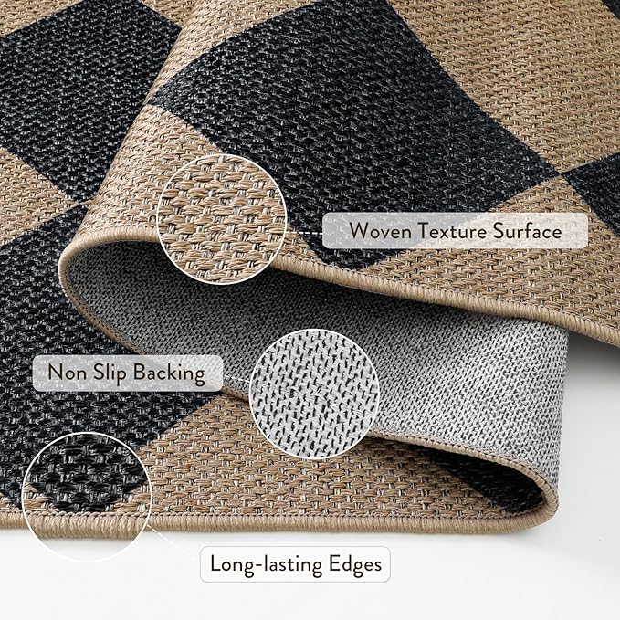Lahome Checkered Easy Jute Round Rug 3ft, Outdoor Entryway Rug Washable | Black - Image 5
