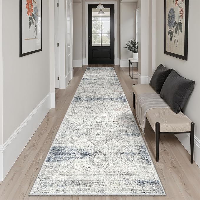 Soalmost Runner Rug 2x10 Washable Hallway Kitchen Runners Blue/Ivory | Non-Slip - Image 2