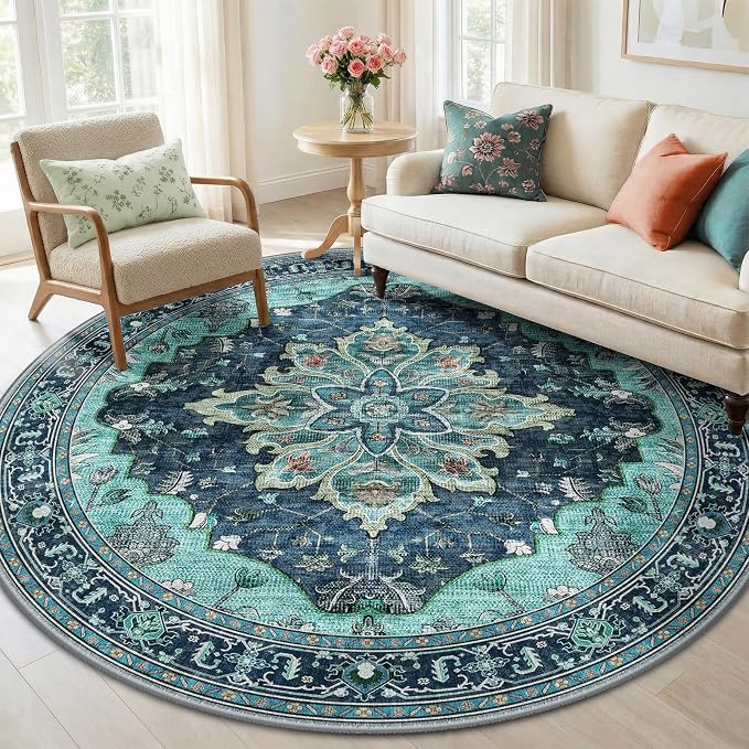 RELEANY Washable Area Rug, Round 6ft, Teal | Non-Slip, Water Repellent by RELEANY