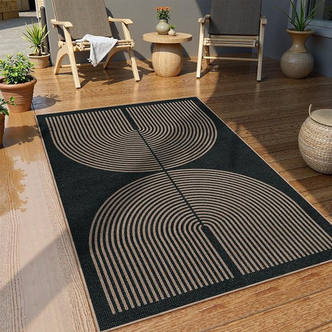 Lahome Modern Rainbow Easy Jute Outdoor Patio Rug, 3x5 Black Office Rug | - Image 8