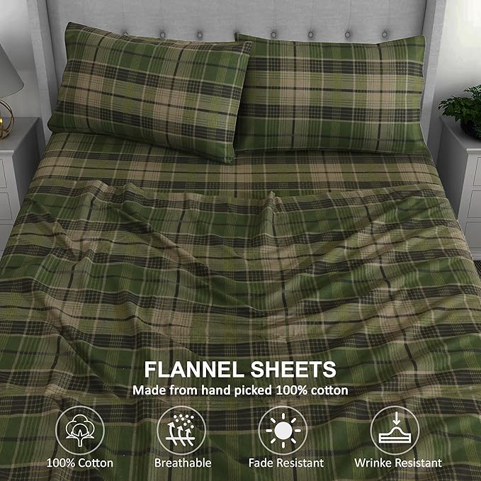RUVANTI Flannel Sheets California King Size - 100% Cotton Brushed Cal King Bed Sheets Set - Deep Pockets 14 Inches - All Seasons Breathable & Extra Soft - Warm & Cozy, 4 Piece, DNA Plaid