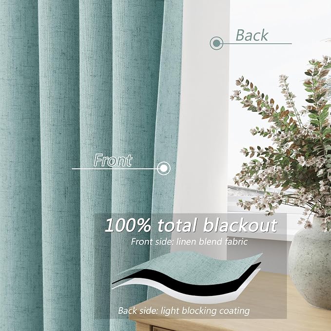 Light Blue 100% Blackout Linen Curtains 108 Inch Length 2 Panels Set - Image 4