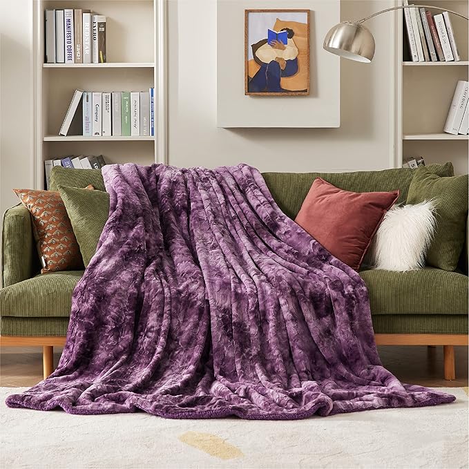 Bedsure GentleSoft Sherpa Fluffy Throw Blanket - Fleece Warm and Cozy Throw for Women Gift, Plush & Fuzzy Faux Fur Christmas Blanket for Couch, Sofa, Bed Decor, Tie Dye Design, Purple, 50x60 Inches