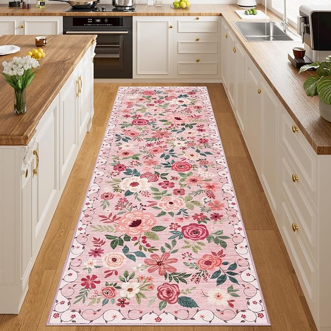 DUKINO 3x10 Runner Rug, Floral Washable Kitchen Runner Rug Non Slip, Low Pile - Image 6